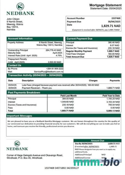 Namibia Nedbank Namibia Limited wyciąg z kredytu hipotecznego szablon Word i PDF